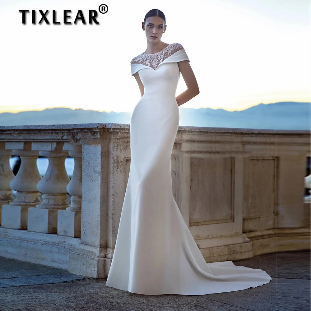 

TIXLEAR Elegant Wedding Dress Satin Sceep Applique Sleeves Bridal Gown Fashion Off Shouder Vestidos De Novia Button Sweep Train