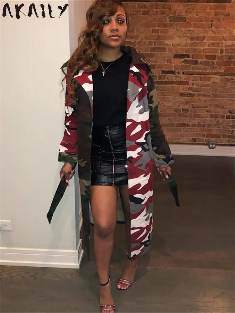 

Akaily осень-зима пальто для женщин Мода 2023 свободные длинные куртки с длинным рукавом Женские Лоскутные камуфляжные топы с принтом