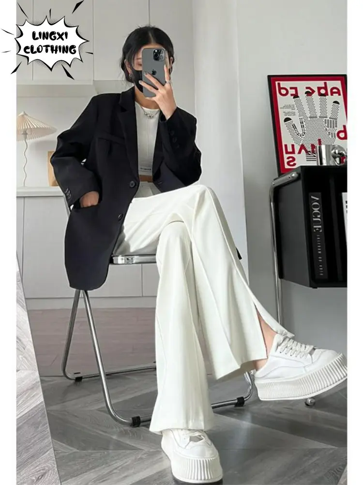 Summer Sagging Professional Women's High Waist 2023 New Trend White Outerwear Straight Split Suit Pants Baggy Pants Woman