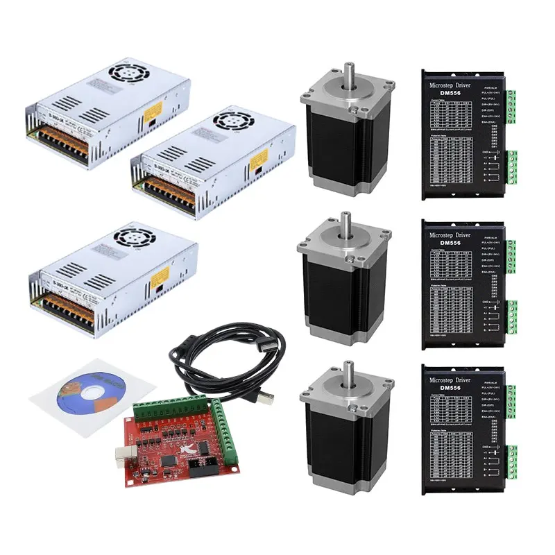 

3/4 комплекта шагового двигателя Nema23 1,1/1,8/2,2/2,5/3 Нм + драйвер DM556/DM542/TB6600 + источник питания 350 Вт + 1 шт. 4-осевая плата контроллера Mach3