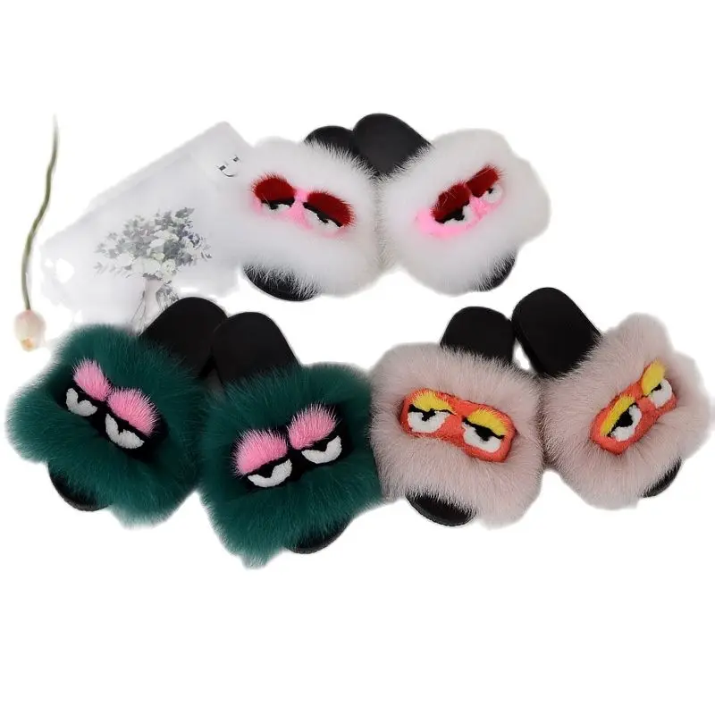 

878 New Fashion European and American Natural Fox Fur Small Monster Slippers Word Fur Summer Sandals