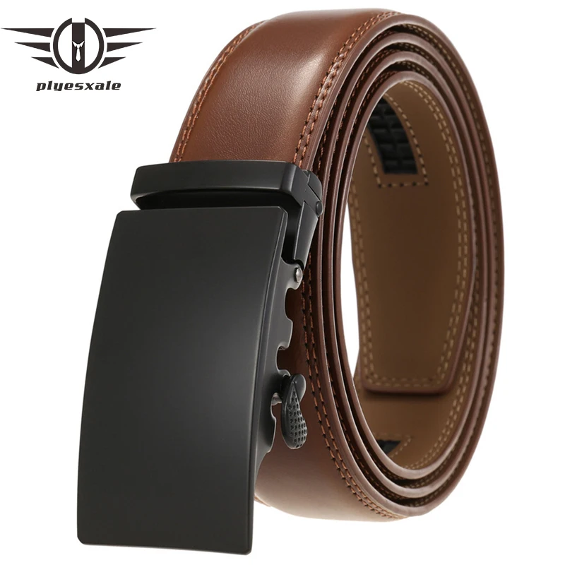 

Plyesxale Black Red Brown Cowhide Leather Belts For Men 3.5cm Width Automatic Buckle High Quality Luxury Brand Casual Belt G905