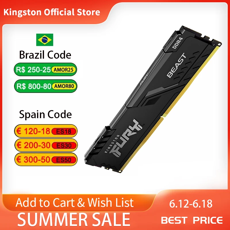 Материнская плата Kingston FURY Beast DDR4 4 ГБ, 8 ГБ, 16 ГБ, 32 ГБ, 2666 МГц, 3200 МГц, 3600 МГц, для настольного процессора AMD Intel, оперативная память, 288 PIN, 1,2 в