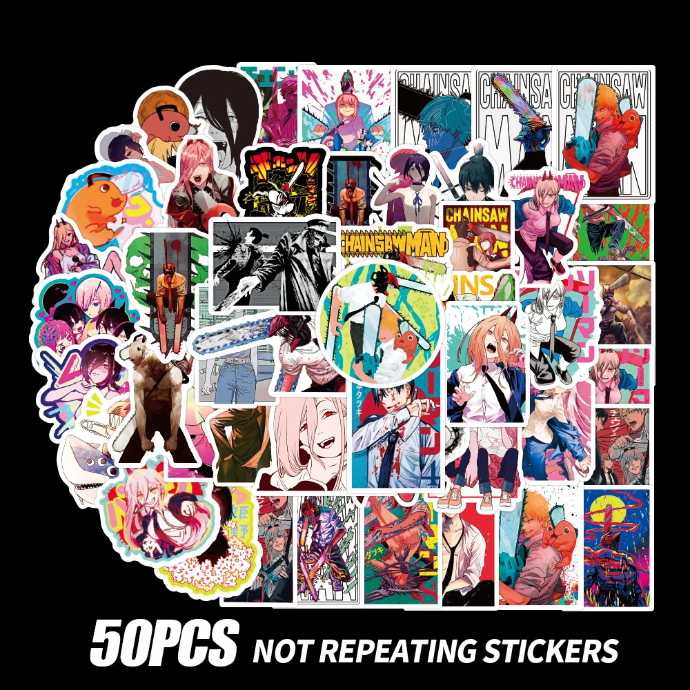 

50Pcs/Set Chainsaw Man Stickers Power Hayakawa Aki Reze Higashiyama Kobeni Stikers Anime Waterproof PVC Stickers Kids Toys