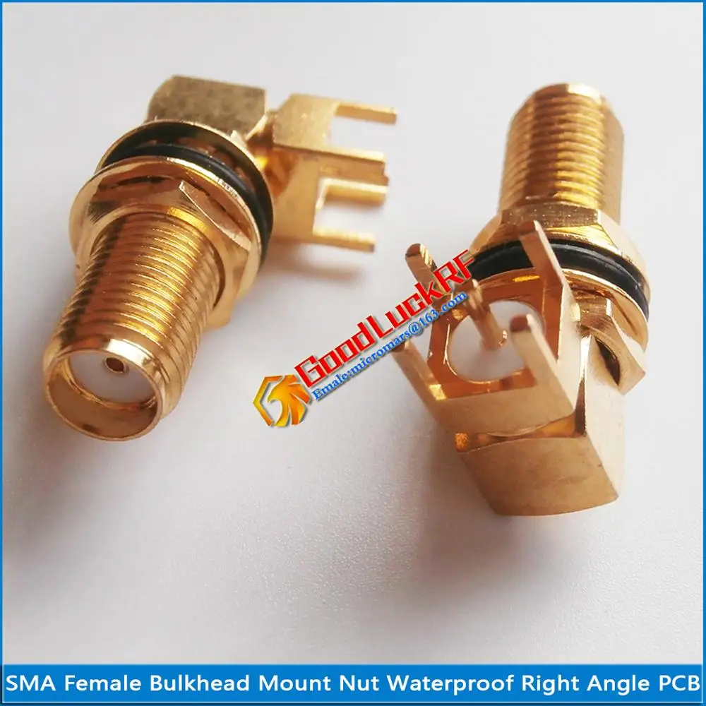 

1X Pcs RF SMA Female Jack 90 Degree Right Angle Waterproof O-ring Bulkhead Panel Mount Nut Solder Square PCB Plug Brass GOLD