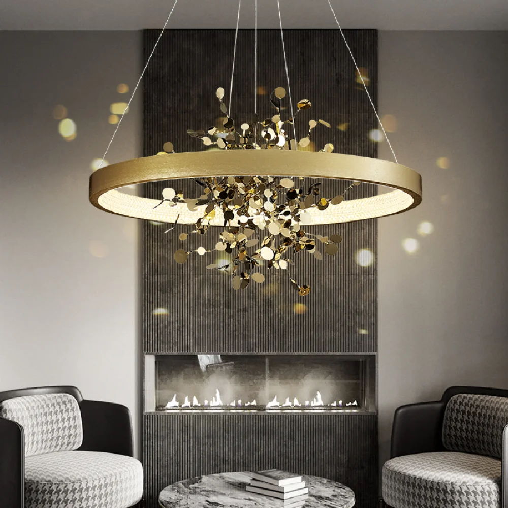 

LED pendant lamp Golden Stainless Steel Dining Room Luxury Chandelier Lighting Nordic Single Circle Design Round Crystal Hanging