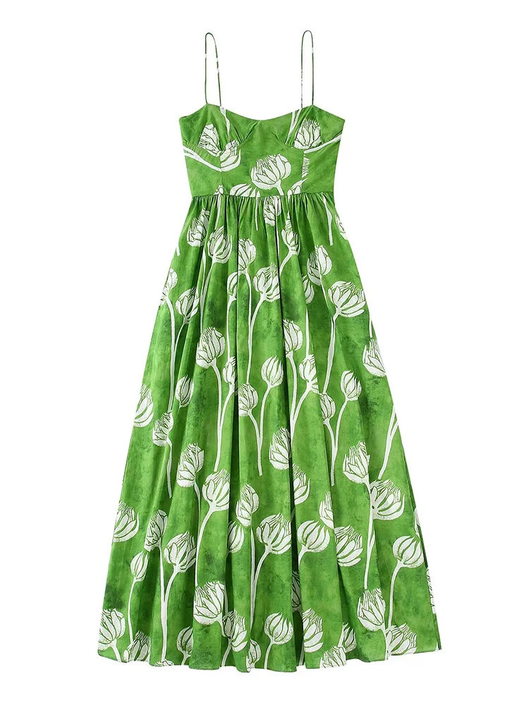 

Платье женское Плиссированное длинное с цветочным принтом, пикантное зеленое на тонких бретелях, с открытой спиной, с боковой молнией, на ле...