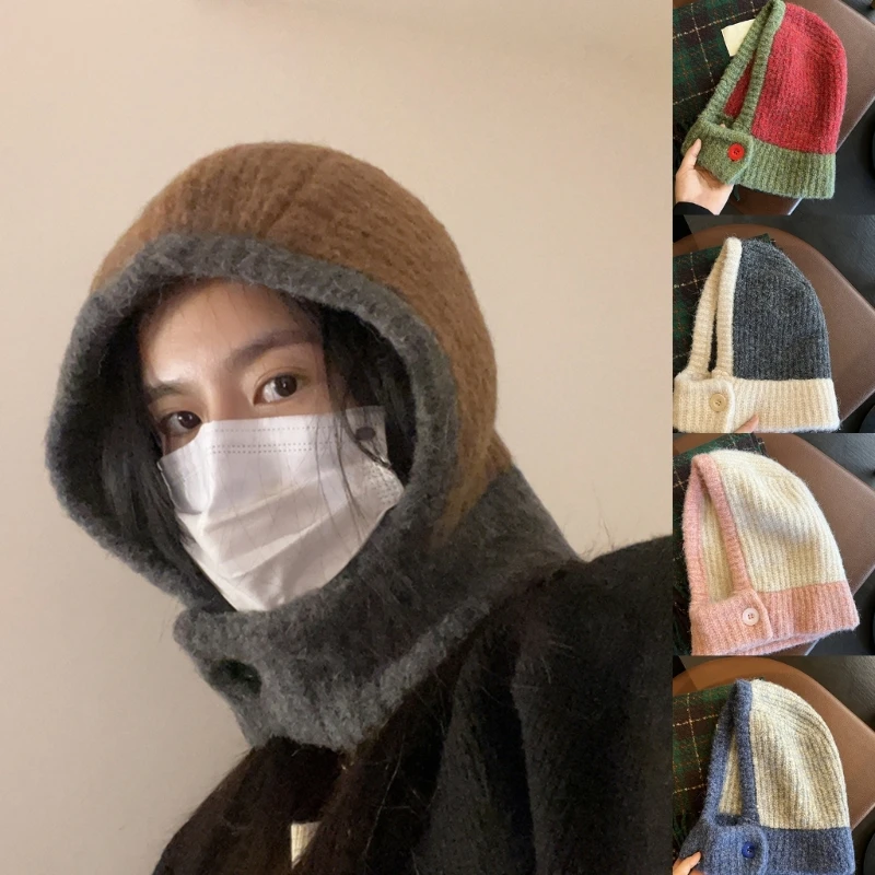 

Теплая зимняя вязаная шапка с ушами шарф-хомут шапка Женский Осенний головной убор Женская модная шапка с капюшоном ветрозащитные шапки Пр...