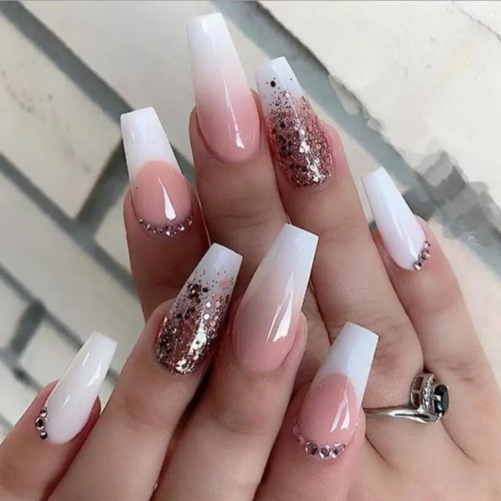 

Coffin French Nail Crystal AB Shine Decorative False Nails Long Ballerina Rhinestones Press On Artificial False Nail Tip