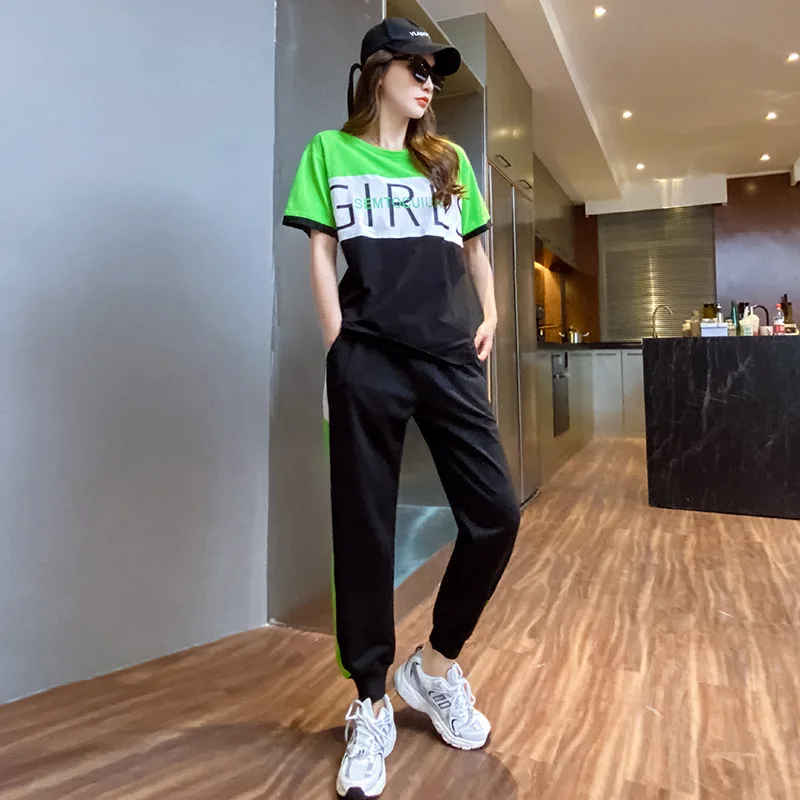 

369 Summer Korean 2 Pieces Set Outfit Women Cotton T Shirt Letter Print Contrast Color Casual Sportswear Short Sleeve Suit Women