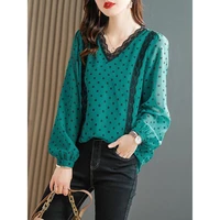 elegant v neck printed lace spliced lantern sleeve oversized polka dot blouses 2022 autumn new casual tops commute womens shirt