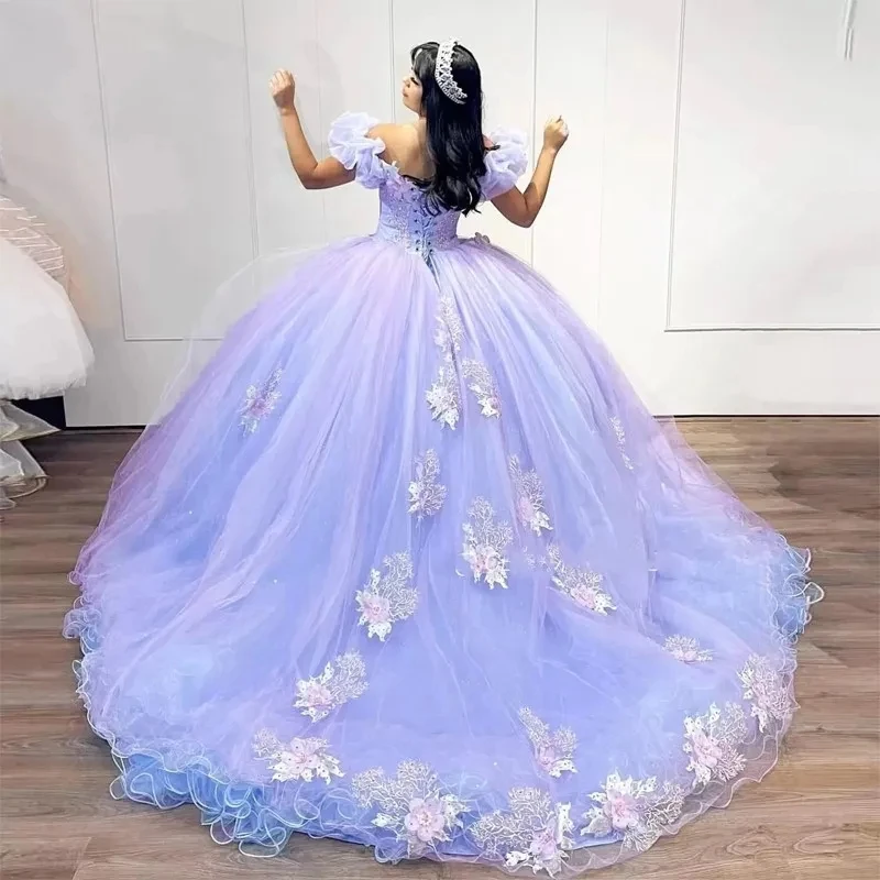 Lilac Charro Quinceanera Dresses Ball Gown Sweetheart Tulle Floral Pearls Mexican Sweet 16 15 Anos Customized