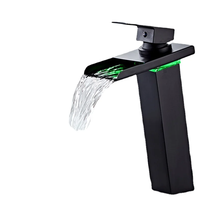 

Bathroom Faucet Single Hole Faucet Hot and Cold Mixing Faucet Black Brass Waterfall Basin Faucet Tall Style LED Basin Faucet