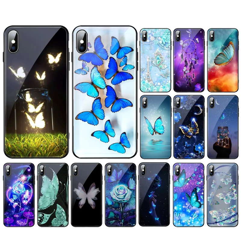 

Cute Beautiful Butterfly Glass Funda Cell phone case For iphone 13 Pro Max 12 11 Pro Max XS XR X 8 7 Plus SE2 Mobile Phones Case