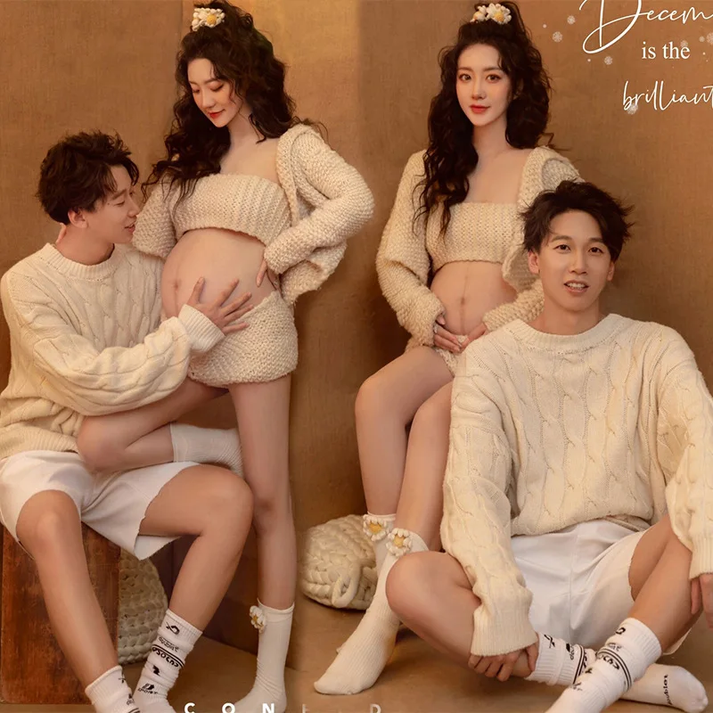 Dvotinst Women Photography Props White Knitting Pregant Tanks Cardigans Shorts Socks Pregnancy Clothes Studio Shoots Photo Props