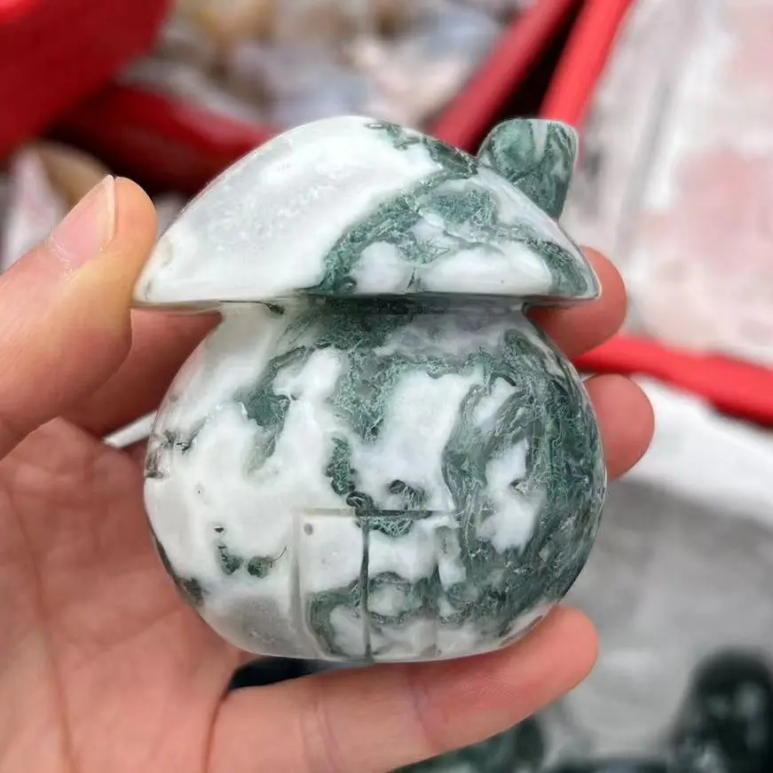 

1PC 55-65mm Cute Natural Moss Agate Mushroom House For Home Decoration, Reiki Healing Stone
