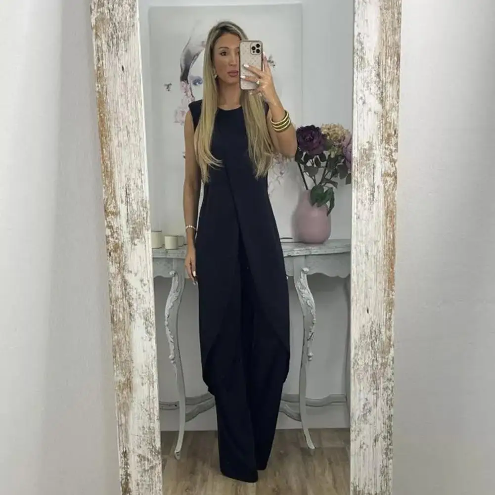 

2 Pcs/Set Women Top Pants Set Irregular Hem Wide Leg Soft Loose Sleeveless Long Blouse Trousers Set