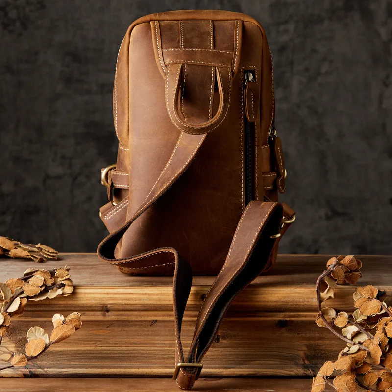 Retro fashion handmade design top first layer cowhide men chest bag outdoor leisure crazy horse cowhide motorcycle messenger bag