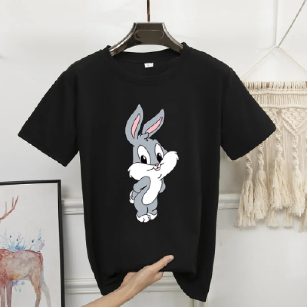 

Cute Rabbit Kids T-shirts Summer New Black White Short Sleeve Boys Girls Tee Shirt Kawaii Child Cartoon Cotton Tops Clothes
