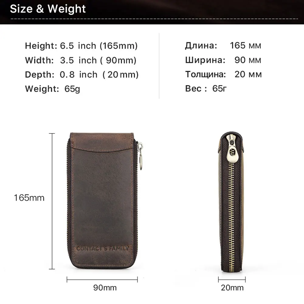 CONTACT'S FAMILY Genuine Leather Vintage Handmade Watch Pouch Travel Portable Leather Organizer with Card Slot Zipper Case