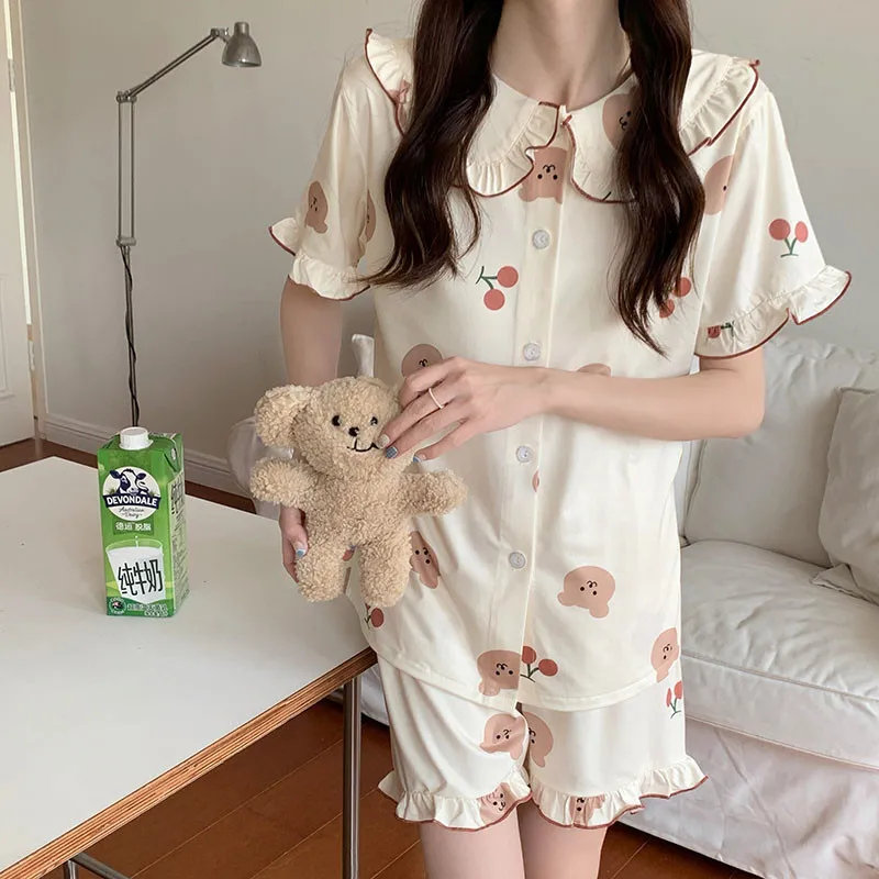 CAIYIER 2022 Korean Pajamas Set For Women Summer Flower Grils Sleepwear Sweet Cherry Female Nightwear Kawaii Leisure Home Suit
