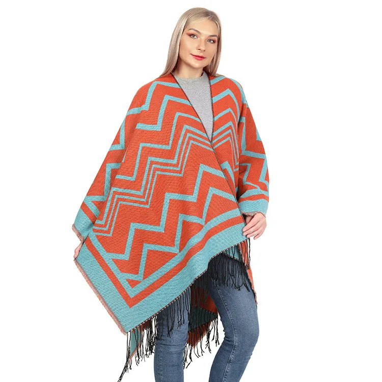 Autumn Winter Female Striped Tassel Double sided Split Warm Cape Women Imitation Cashmere  Poncho Lady Capes orange  Cloaks