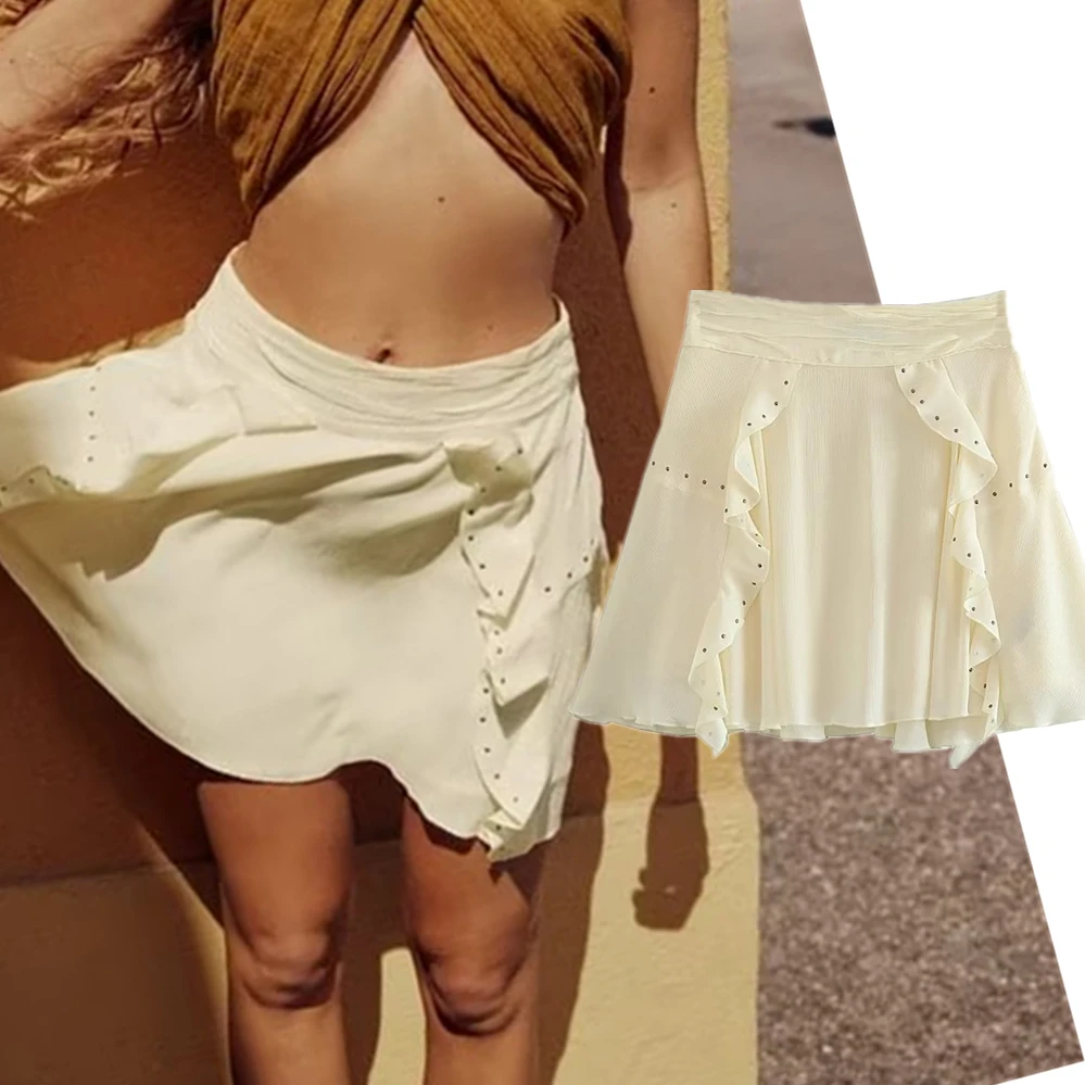 

Withered French Ladies A-line Skirts Fashion Elegant Stud Embellished Ruffle Tiered Mini Skirt Women