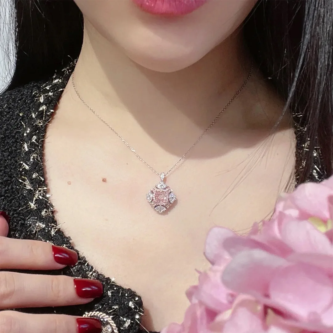 

Caibao Jewelry High-end Ins Tide Pink Diamond Ring Necklace Women's Two-piece Set Inlaid with Diamonds Clavicle Chain Ring Women