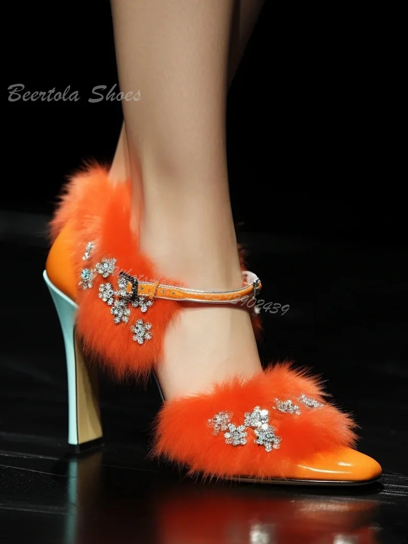 

Яркий кристалл, оранжевый мех, открытые каблуки, Женская Весенняя обувь на шпильке, с оборками и перьями, блестящая Классическая обувь с бусинами