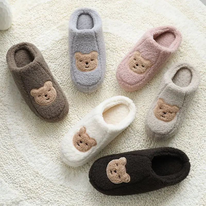

Women Fur Slippers for Women Cute Bear Winter New Warm Flock Plush Bedroom Ladies Flat Shoes House Luxury Cartoon Fur Slippers