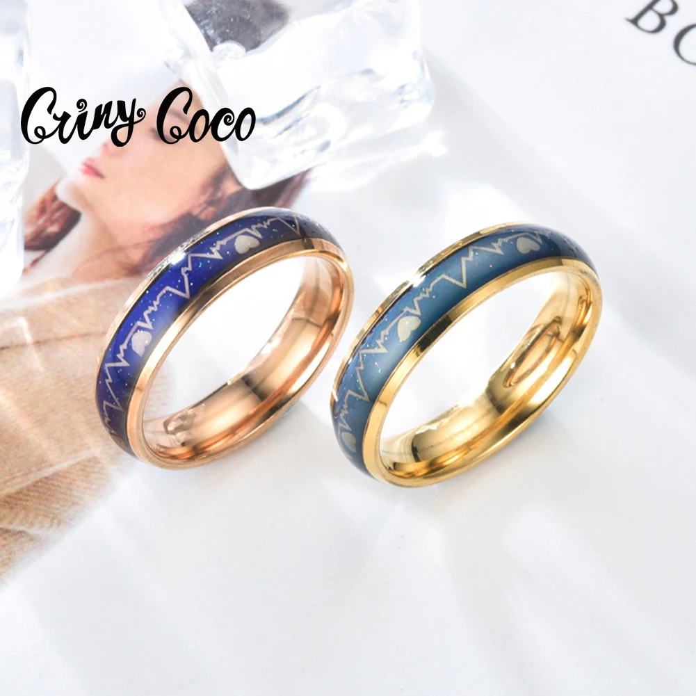 

Changing Color Ring Stainless Steel Temperature Feeling & Emotion ECG Heart Jewelry Mood Couple Finger Smart Rings for Women