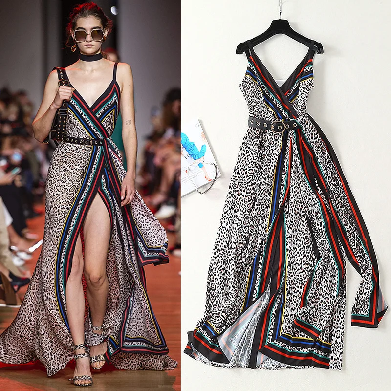 

Женское платье с открытыми плечами, облегающее платье с глубоким V-образным вырезом и поясом с леопардовым принтом, Новинка лета 2022