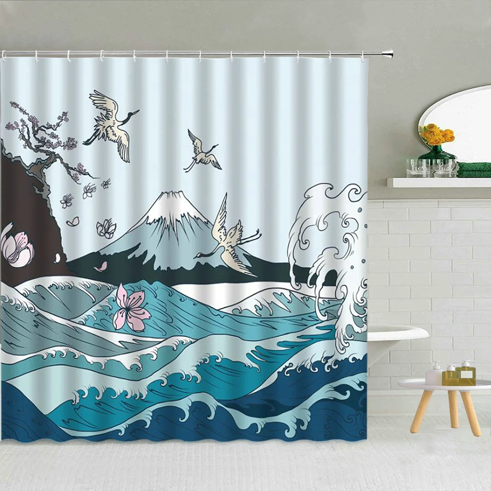 

Занавеска для душа Fuji с креплением в виде морских волн и цветков вишни, ткань высокого качества, Товары для ванной комнаты, декоративные тканевые шторы с крючком, моющиеся