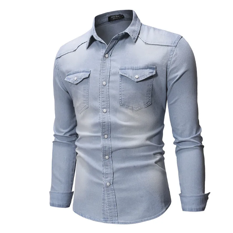 New Men's Long-sleeved Shirt Youth Casual Solid Color Stitching Men's Denim Shirt