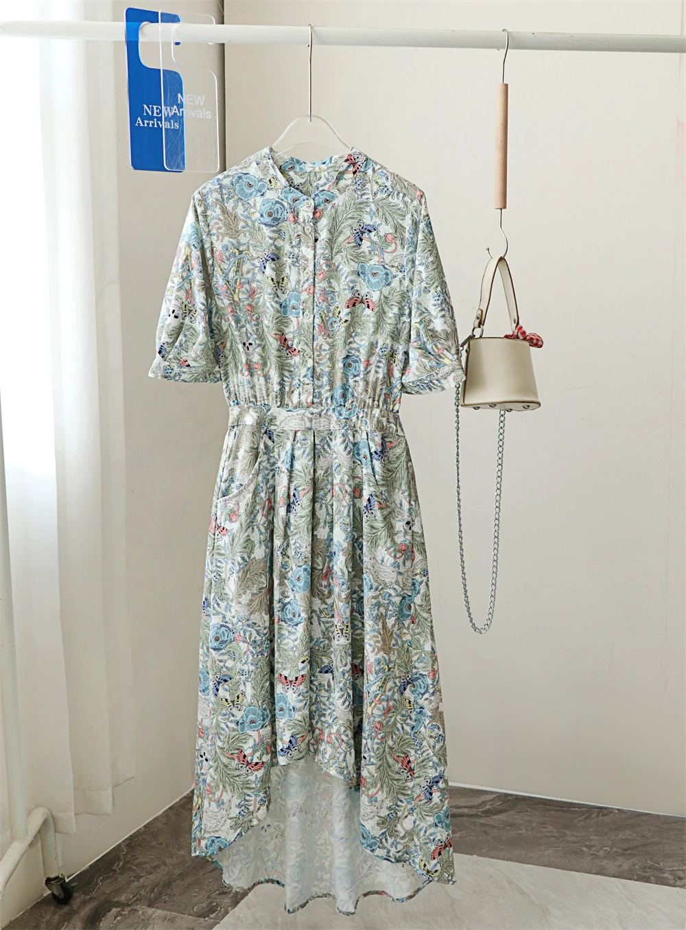 Women Midi Robes Print Shirring Irregular Short Sleeve Vintage Dress