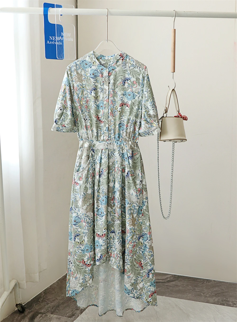 

Women Midi Robes Print Shirring Irregular Short Sleeve Vintage Dress