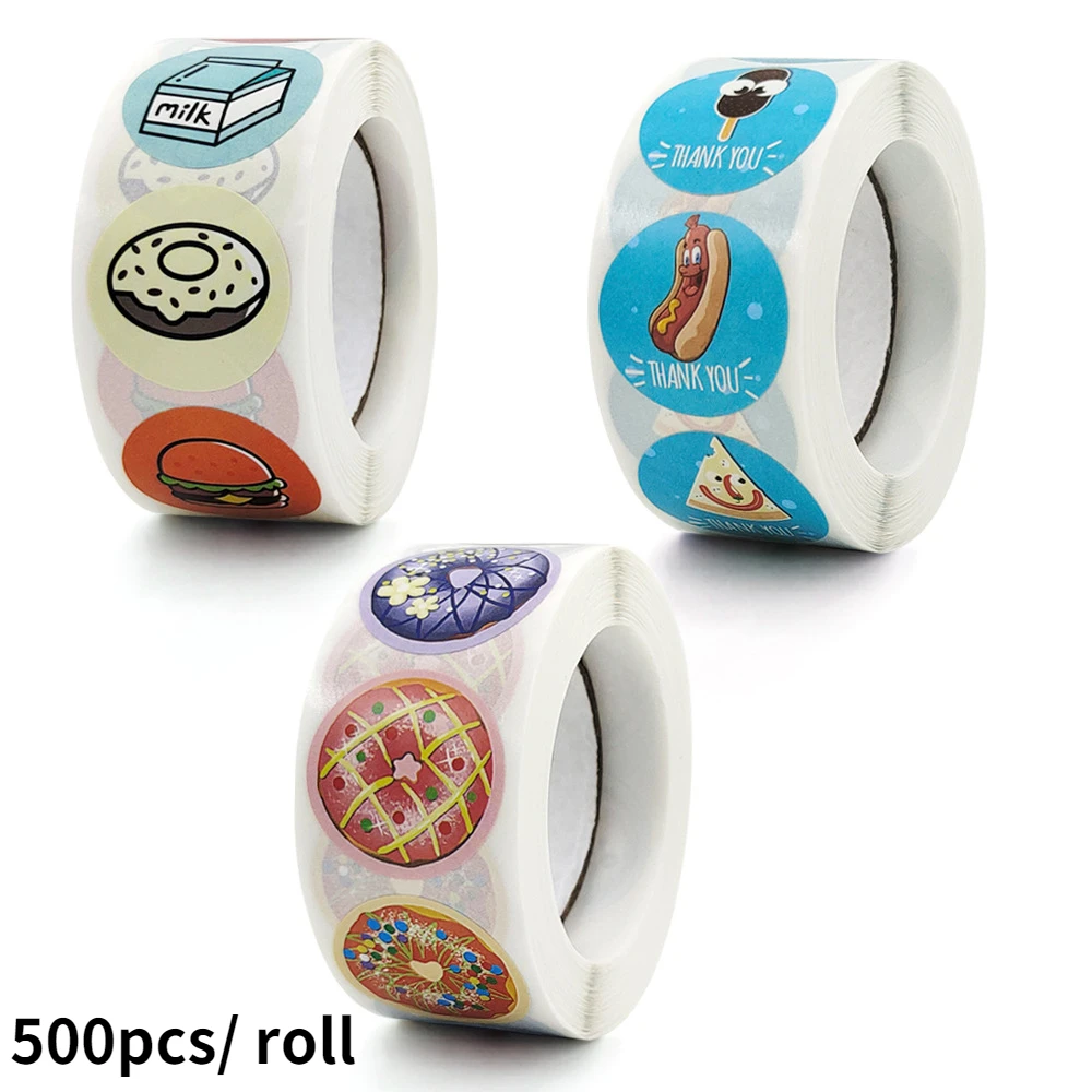 

500pcs/ roll/1 inch Stickers Stylish Donut Stickers 8 Designs Delicious Looking Handmade labels stickers for Cake bread baking