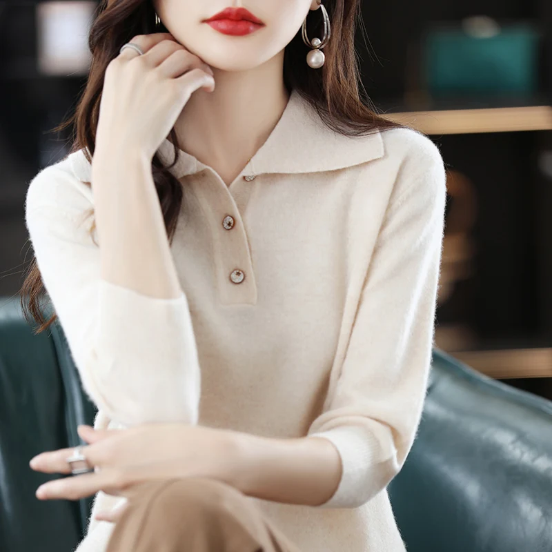 

Seven-Part Sleeve 100% Wool Knitted Women's Fall And Winter 2022 New Lapel Elegant Fashion Loose Set Head Cashmere Sweater Women