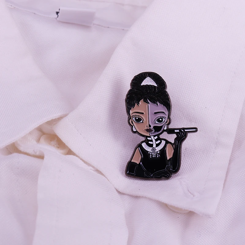 Beautiful Audrey Hepburn Smoking Stick Badge Brooch Beauty Woman Classic Enamel Pin | Brooches