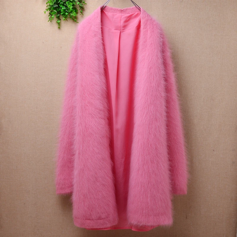 

female women autumn winter clothing sweet pink mink cashmere knitted long sleeves loose cardigan mantle angora fur coat sweater