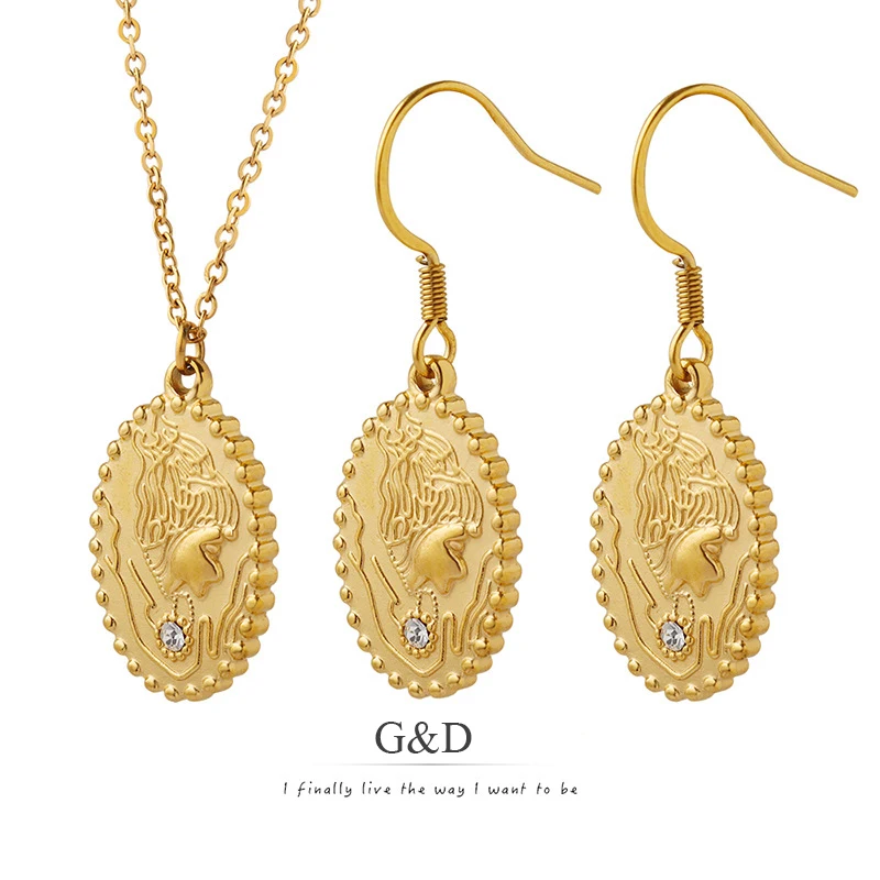 

G&D French Vintage Palace Style Portrait Inlaid Zircon Oval Pendant Necklace/Earrings Set for Women Jewelry Gift Niche Design