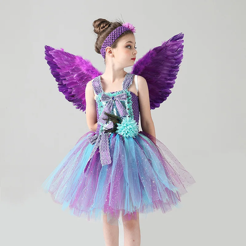 

New Peacock Flower Girls Tutu Dress with Big Wings Sequins Tulle Girls Angle Cosplay Costumes Set Kids Halloween Party Dresses