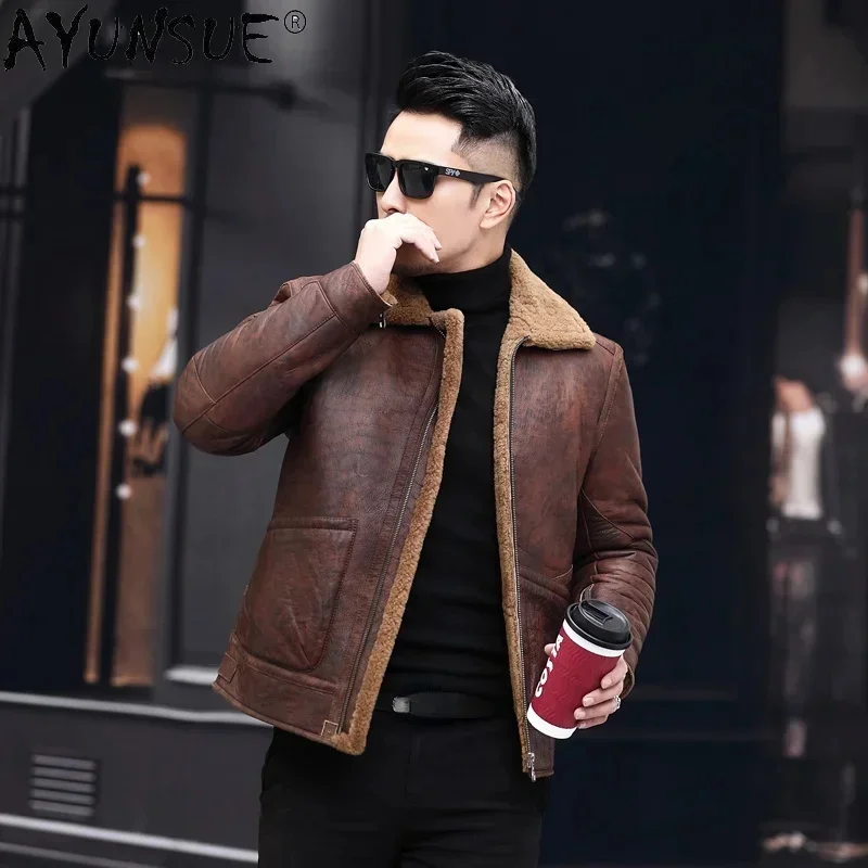 AYUNSUE шубы из натуральной овечьей шерсти мужские кожаные куртки 2025 зимние осенние