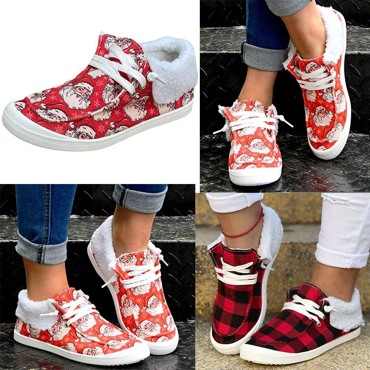 Christmas Canvas Shoes for Women Winter Warm Plush Lace Up Casual Flat Sneakers Fashion Outdoor Sport Ladies Vulcanized Shoes