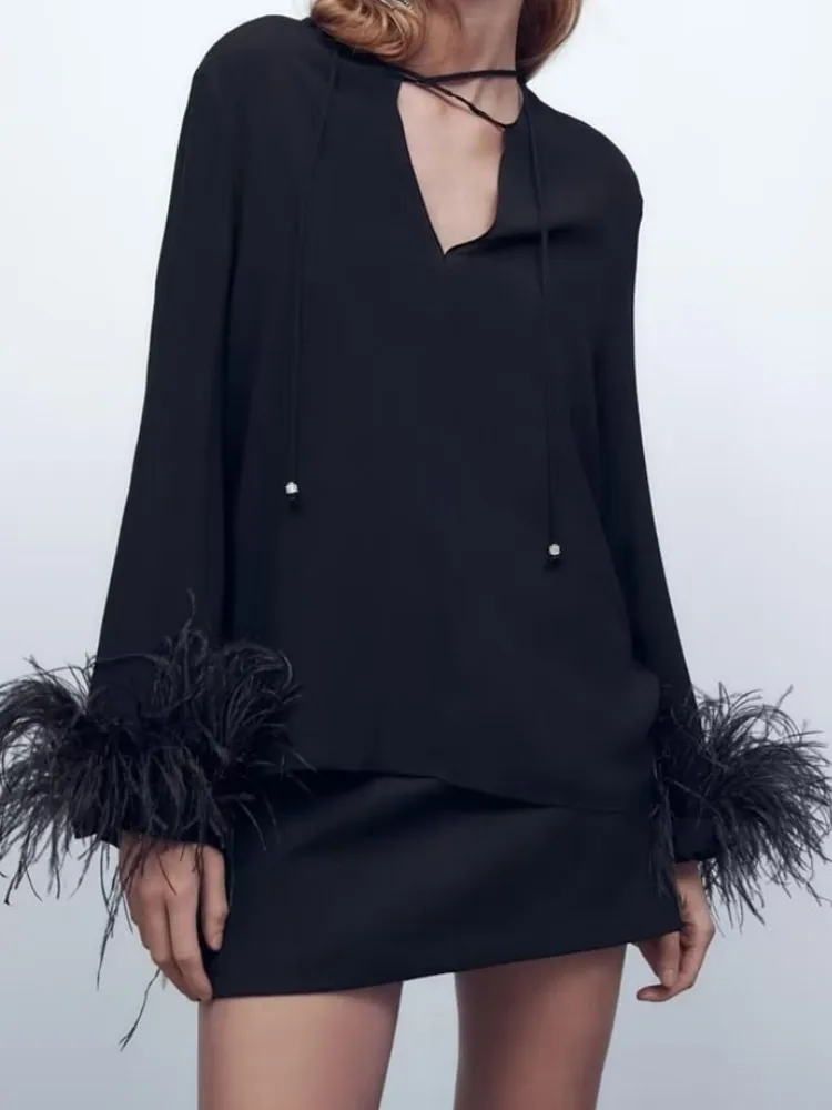 

RDMQ 2023 Women Solid Feather Blouses Shirt Spring Autumn Causal Long Sleeved Thin Tops Loose Pullover T-Shirts