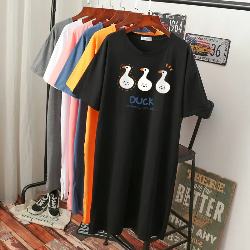 

DAYIFUN 100% Cotton M-3XL T Shirt Dress Cartoon Print Tshirt Short Sleeve Women Top Casual Summer Oversized Long T Shirts