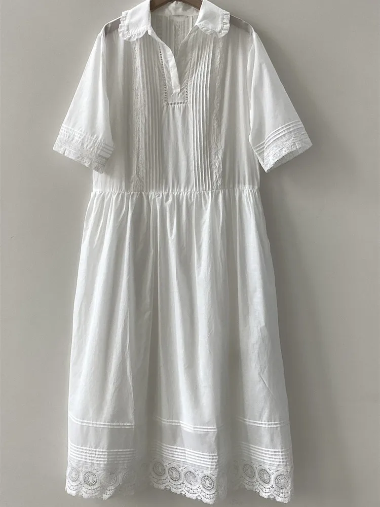 

Women Peter Pan Collar Dress 2033 Summer Short Sleeve Lace Stitching Loose Dress