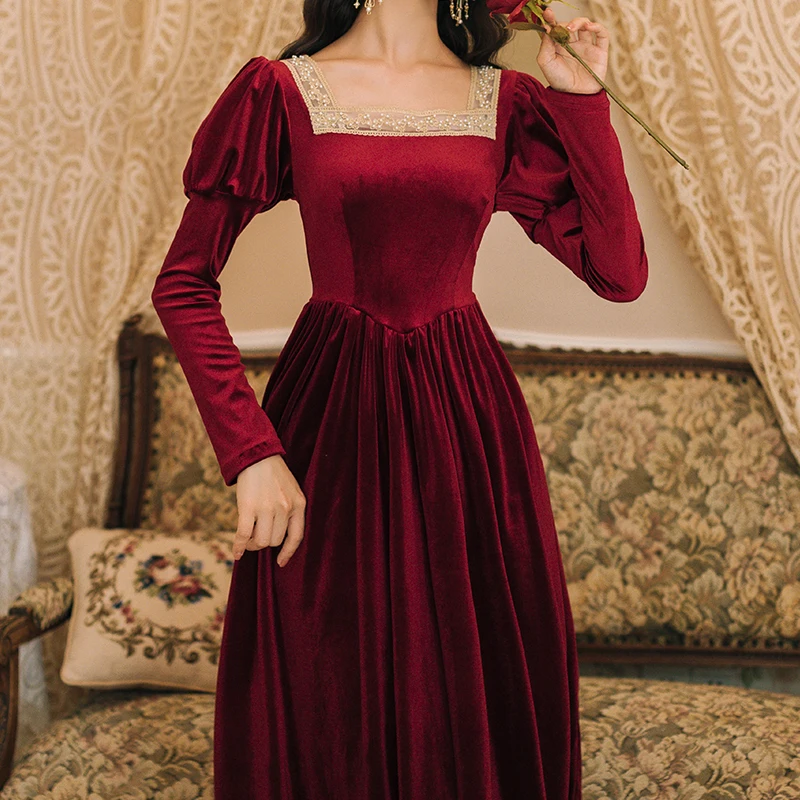 Wavsiyier Luxury Long Sleeve A-line 2022 Party Autumn Runway Patchwork Dress Boho Winter Elegant Dresses Women Vintage Velvet