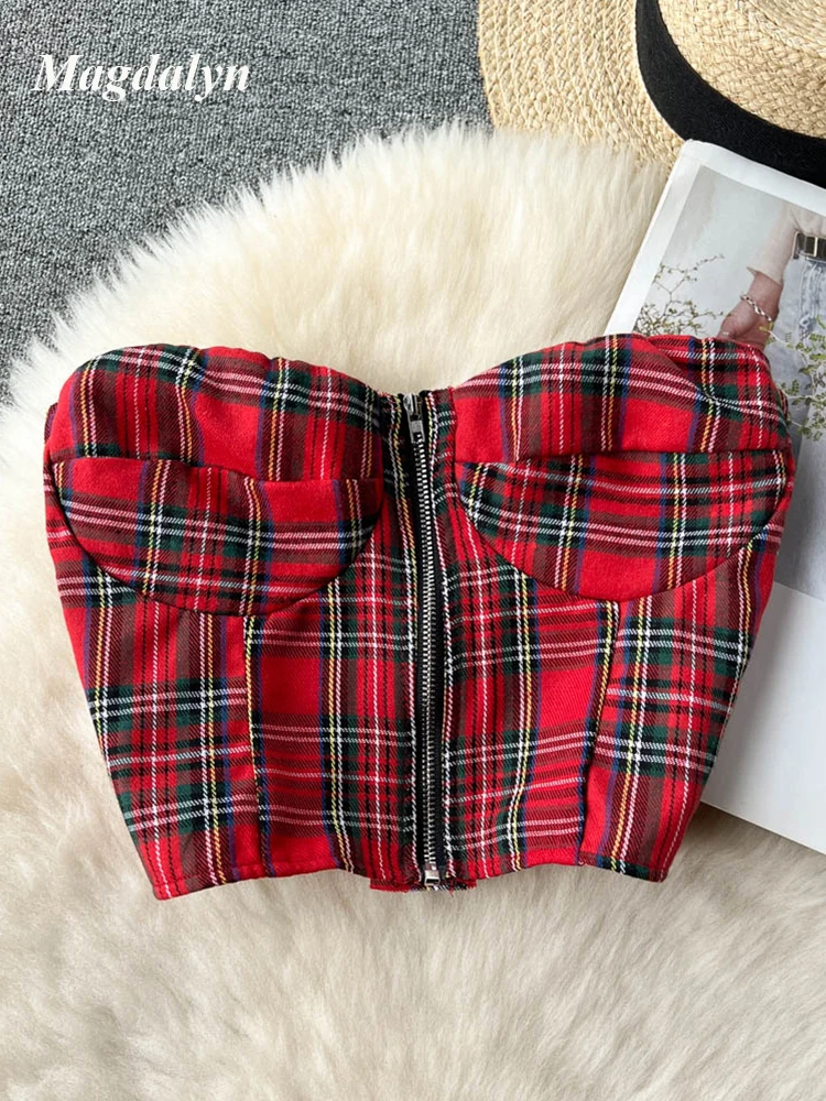 

Magdalyn Women Strapless Plaid Tanks Fashion Off Shoulder Tank Tops Sexy Y2K Slim Party Streetwear Vintage Summer Cropped Tops