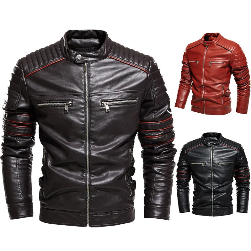 

Europe and the United States fashion men's leather jacket British pu coat stand collar slim motorcycle suit plus velvet leather